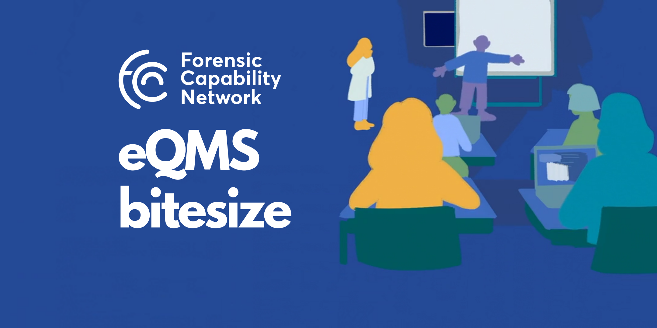 Graphic of seminar room with text eQMS bitesize